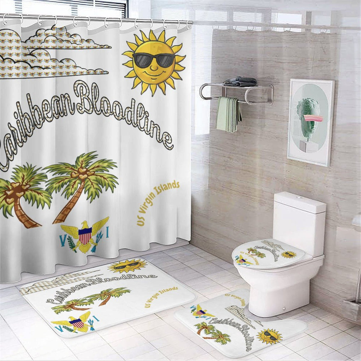 Shower Curtain Set with 3 Rugs